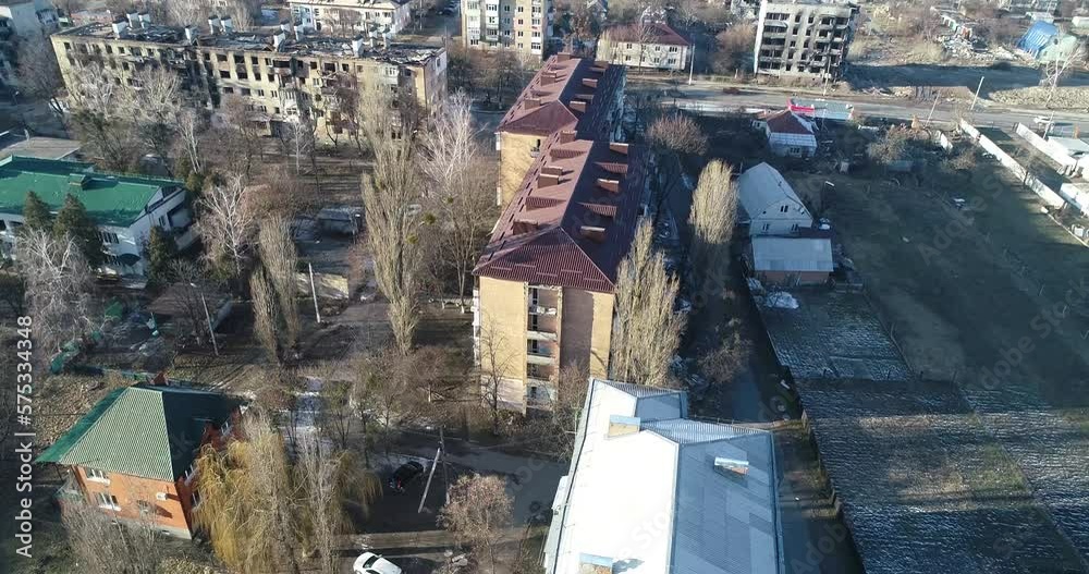 Ruins of house, damaged by shelling, Russian attack. Destruction caused by war in Ukraine, collapsed building. Borodyanka. Aerial. Ruins of house, damaged by shelling, Russian attack. Destruction caused by war in Ukraine, collapsed building. Borodyanka. Aerial.