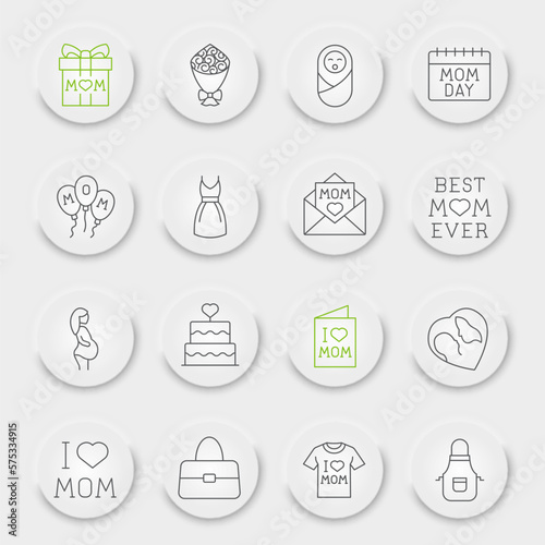 Happy Mothers Day line icon set, mom day collection, vector graphics, neumorphic UI UX buttons, mothers day vector icons, family signs, outline pictograms, editable stroke