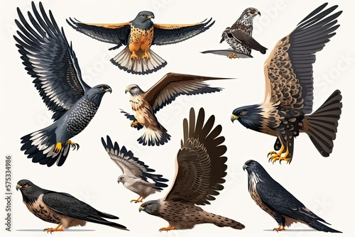 Falcons  Hawks  and Lesser Spotted Eagles  Flying Birds of Prey  Aquila pomarina . Generative AI