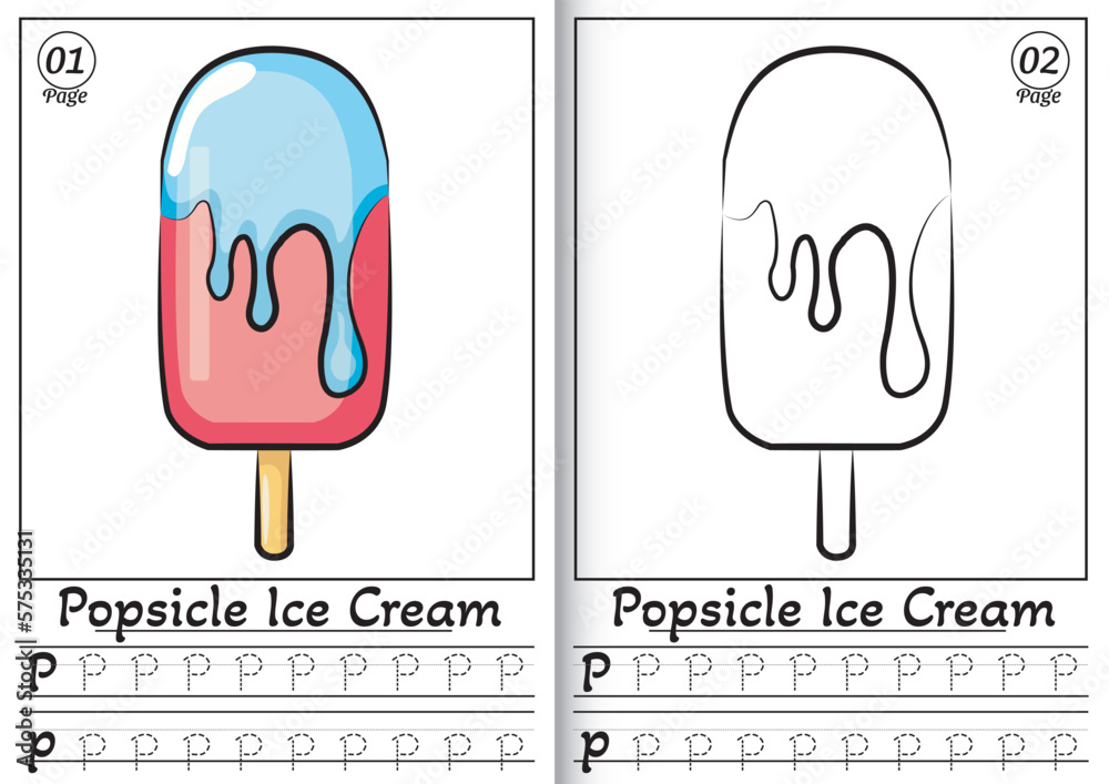 Popsicle Ice cream Alphabet ABC Coloring Page P. Tracing all letters of English alphabet - obrazy, fototapety, plakaty 