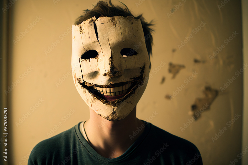 Man wearing a smiling face mask to hide his feelings behind the mask, mental disorder With Generative AI - obrazy, fototapety, plakaty 