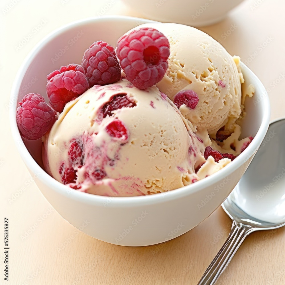 Strawberry ice cream with berries on the table. Created using generative AI and image-editing software. Strawberry ice cream with berries on the table. Created using generative AI and image-editing software.
