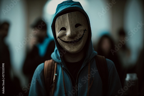 Man wearing a smiling face mask to hide his feelings behind the mask, mental disorder With Generative AI