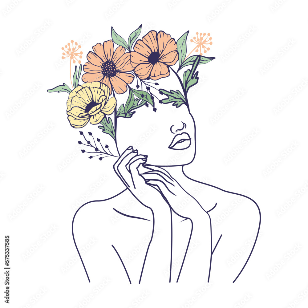 Elegant One Line Sketches of Woman Abstract Face. Female Face Drawing