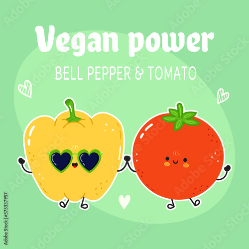Yellow pepper and tomato card. Vector hand drawn doodle style cartoon character illustration icon design. Happy green pepper and tomato friends concept card