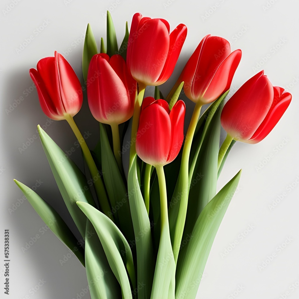 Obraz premium Bouquet red tulips flowers on white background. Desktop wallpapers, social media posts and covers, banner ads. Gift women, digital art style, illustration painting. Realistic concept art. AI generated