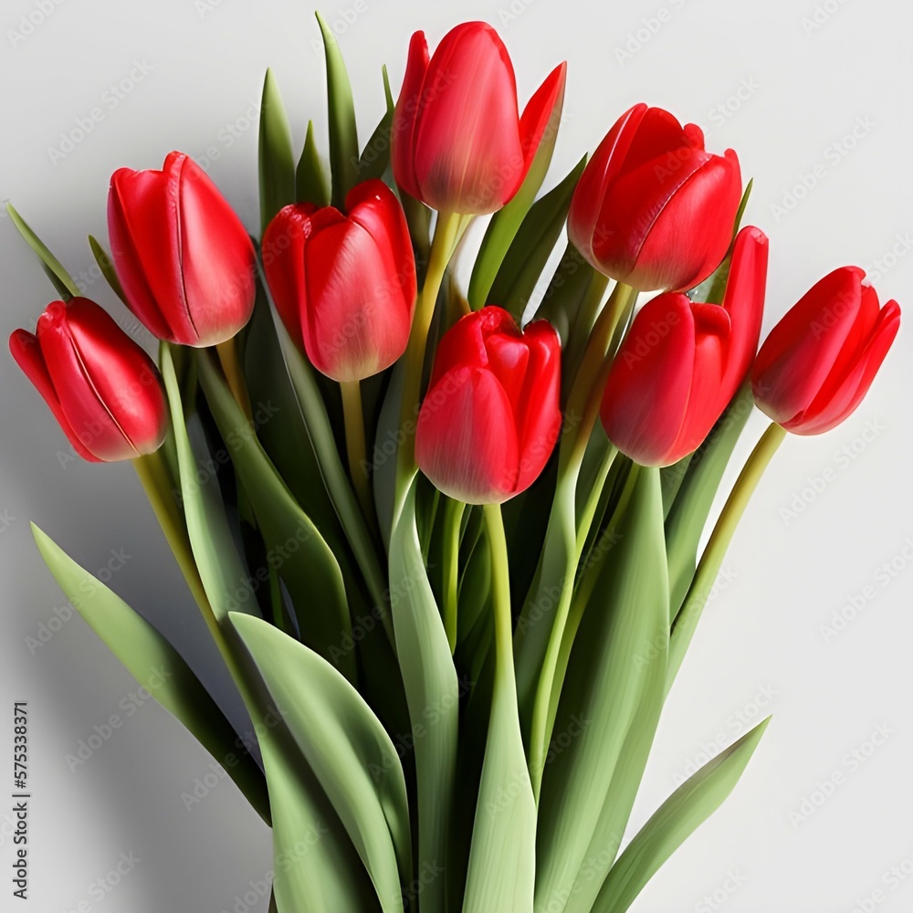 Bouquet red tulips flowers on white background. Desktop wallpapers, social media posts and covers, banner ads. Gift women, digital art style, illustration painting. Realistic concept art. AI generated Bouquet red tulips flowers on white background. Desktop wallpapers, social media posts and covers, banner ads. Gift women, digital art style, illustration painting. Realistic concept art. AI generated