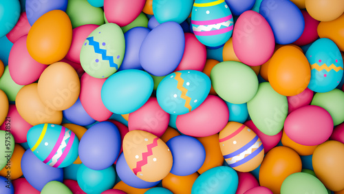 Easter background. Pile of colorful Easter eggs for web banner. Chocolate Easter eggs with decoration. Pool of colored eggs background wallpaper