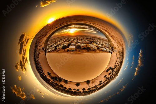 HDR, equidistant projection, Martian sunset. World view, 360 degree panoramic, aerial view,. Generative AI