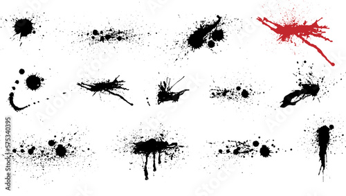 Vector overlay grunge brush strokes and Ink splatters isolated on a white background. Ink splashes and drops. Hand drawn grunge spray and splash design elements.