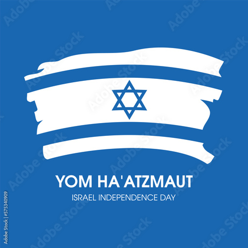 Yom Ha'atzmaut Israeli Independence Day vector illustration. Paintbrush Israeli flag graphic design element. Abstract grunge Flag of Israel icon isolated on a blue background. Important day
