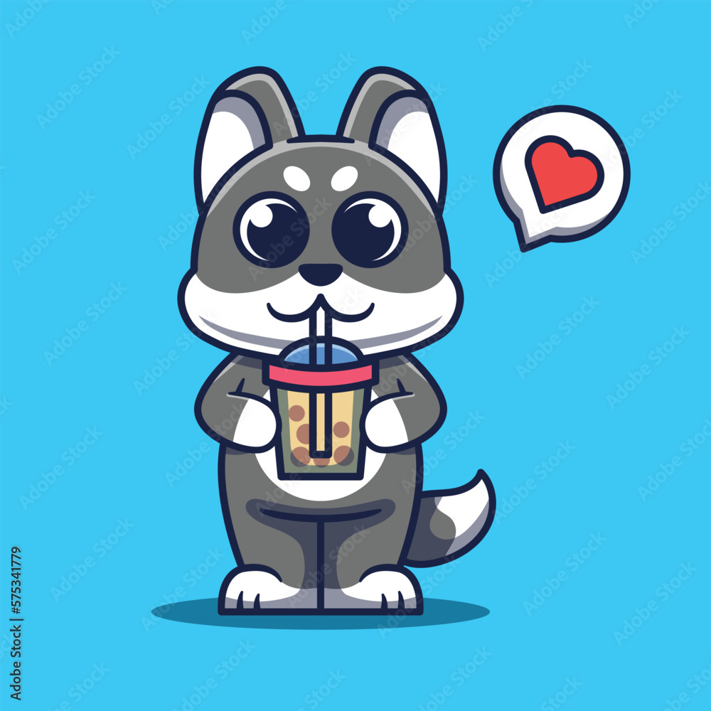 Cute Dog Mascot Drinking Boba Cartoon Illustration.
