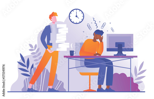 Burnout at work. Overworked employee at workplace, young guy with lot of white papers. Inefficient workflow. Tired from paperwork employee or manager in office. Cartoon flat vector illustration