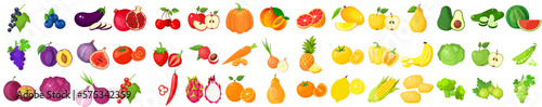 A large mega set of vegetables and fruits in a juicy cartoon style. The concept of healthy food and products. A bright element for your design.