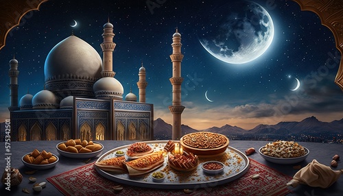 Fotografiet Ramadan Feast Under Starlit Sky AI Generated Print