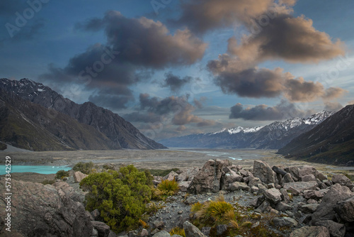 Valley of Tasman Glacier Mount Cook. South Island New Zealand. Mountains. River.  © A