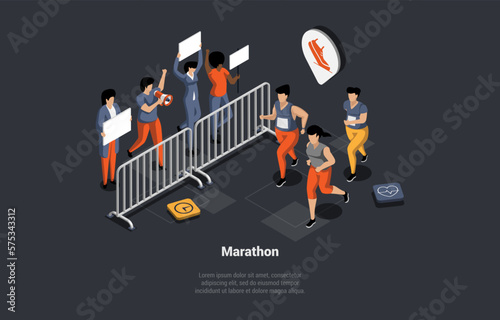 Marathon And Sport Competition Concept. Male And Female Athletic Men And Women Run on Stadium. Fans With Posters Support Participants. People Making Cardio In Group. Isometric 3d Vector Illustration