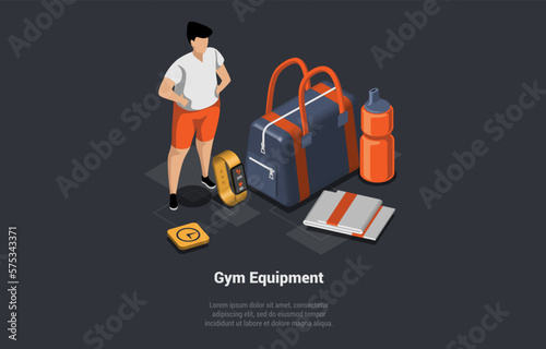 Concept Of Fitness And Workout. Set of Various Items For Gym Equipment. Smart Watch, Bag, Sport Water Bottle And Towel. Male Character With Sport Equipment. Isometric 3d Cartoon Vector Illustration