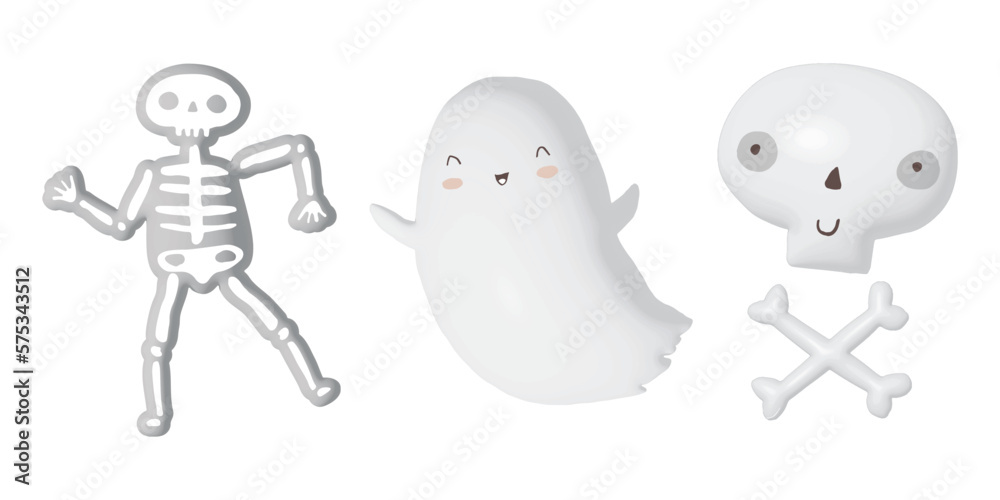 Obraz premium Cute Hand Drawn Halloween Card with Little Ghost, Happy Skull and Dancing Skeleton on a White Background. Kawaii Style Halloween Toys Print ideal for Wall Art, Poster, Card, Party Decoration.