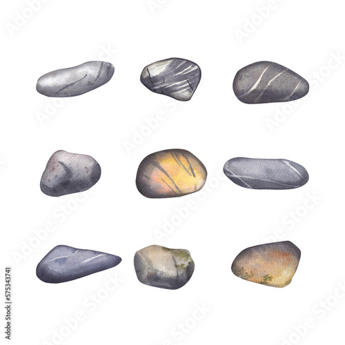 A set of sea stones of different sizes isolated on a white background. Watercolor illustration of gray, striped stones. The underwater bottom. Aquarium decoration. Suitable for labels, design, pack.