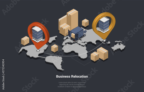 Business Relocation, Change Office Location Concept. Process of Moving Company s Office From One Place To Another Between Countries. Global Relocation Of Business. Isometric 3d Vector Illustration
