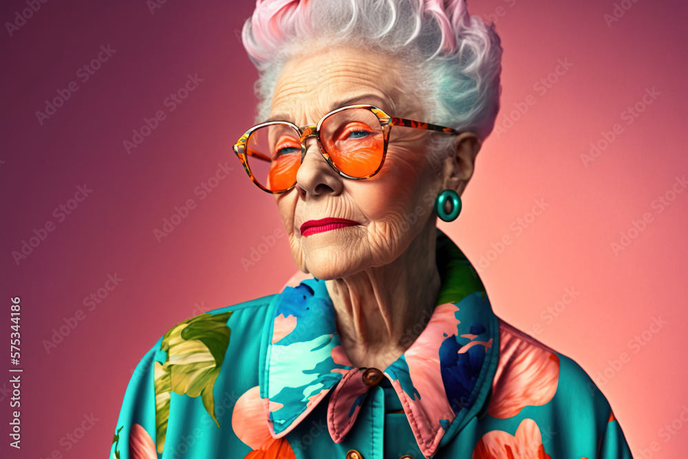 Happy and funny cool old lady with fashionable clothes portrait on colored  background - concepts about lifestyle, seniority and elderly people.  Generative AI Stock Illustration | Adobe Stock