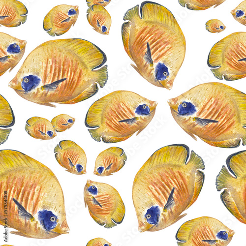 Seamless pattern with beautiful tropical fish on a white background. Watercolor illustration of a sea angel. Yellow fish with a blue spot and stripes. Suitable for packaging, postcards, wallpapers. photo