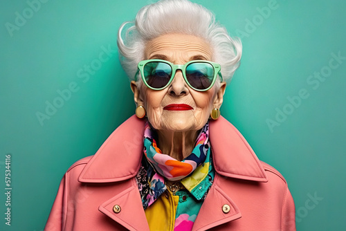 Happy and funny cool old lady with fashionable clothes portrait on colored background -  grandmother with extravagant style, concepts about lifestyle, seniority and elderly people. Generative AI photo