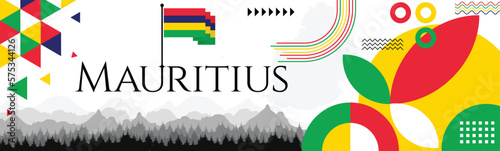 MAURITIUS INDEPENDENCE DAY banner with name and map. Flag color themed Geometric abstract retro modern Design. Red, blue yellow and green color vector illustration template graphic design.