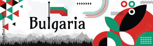 Bulgaria independence Day banner with name and map. Flag color themed Geometric abstract retro modern Design. White, red and green color vector illustration template graphic design.