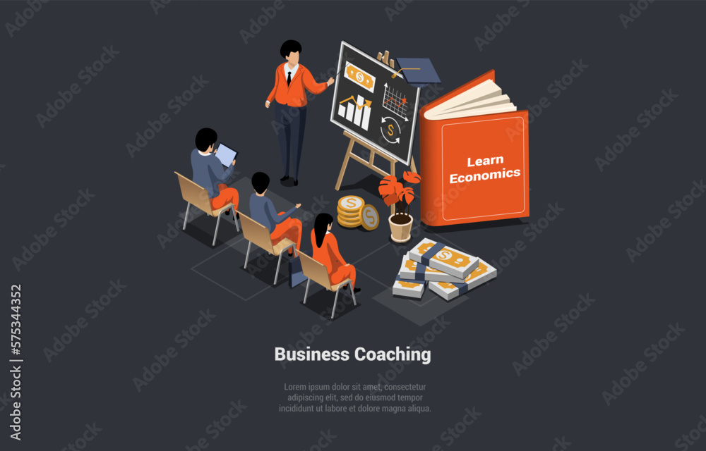 Business Training Concept. Coach Speaking Before Audience. Mentor Presents Charts and Economic Reports, Employees Meeting at Business Training, Seminar or Conference. Isometric 3d Vector Illustration Business Training Concept. Coach Speaking Before Audience. Mentor Presents Charts and Economic Reports, Employees Meeting at Business Training, Seminar or Conference. Isometric 3d Vector Illustration