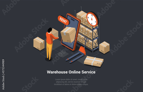 Warehouse Online Service, Garage Rental And Self Storage Unit Concept. Male Character Is Working In Warehouse With Cardboard Boxes. Employee Processes Online Orders . Isometric 3D Vector Illustration