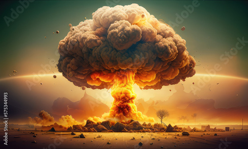Terrible explosion of a nuclear bomb with a mushroom in the desert. Hydrogen atomic bomb test. Nuclear catastrophe. 3d render illustration. Generative AI art.