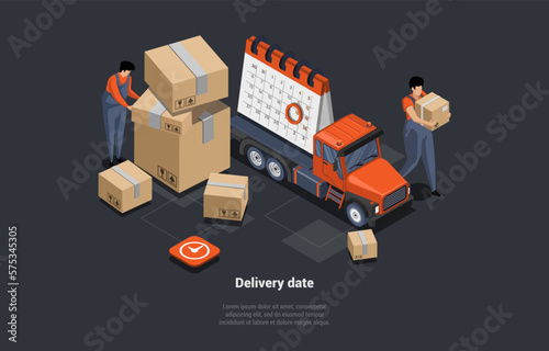 On Time Delivery Goods, Parcels And Gifts Concept. Storehouse Worker Courier With Cardboard Box In Hands, Controls Timing Of Storage And Limely Delivery To Customers. Isometric 3D Vector Illustration