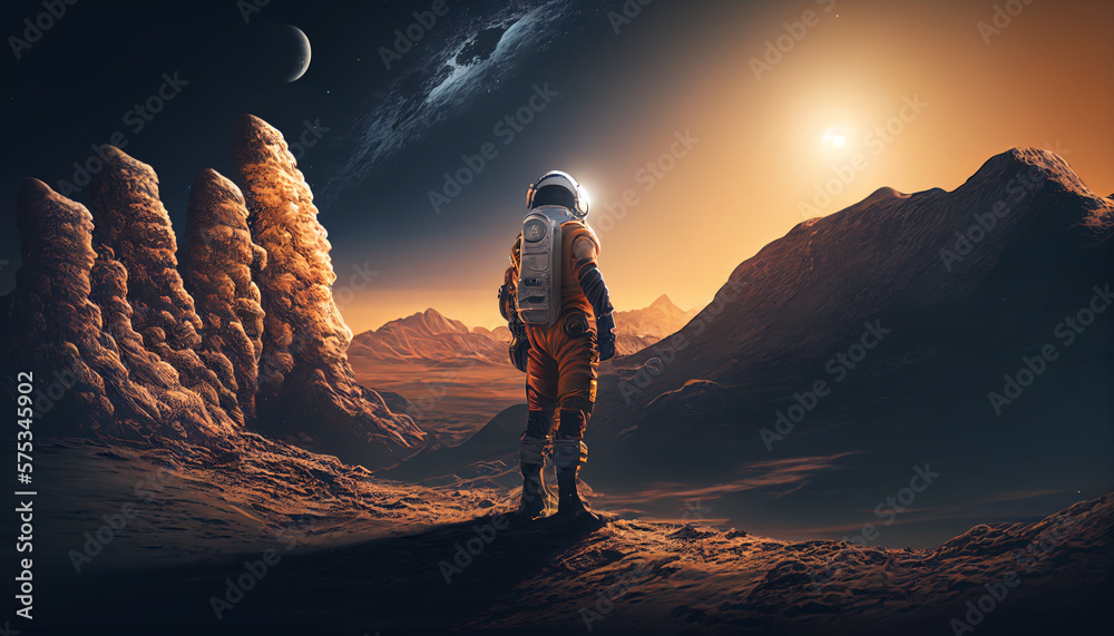 Obraz premium Journey into the Unknown: Astronaut Discovering an Alien World. Generative AI