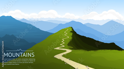 Mountain landscape. The path leading up to the top. A panoramic view of the mountains opens from the top of the rock. Warm summer sunny day. Vector illustration background.