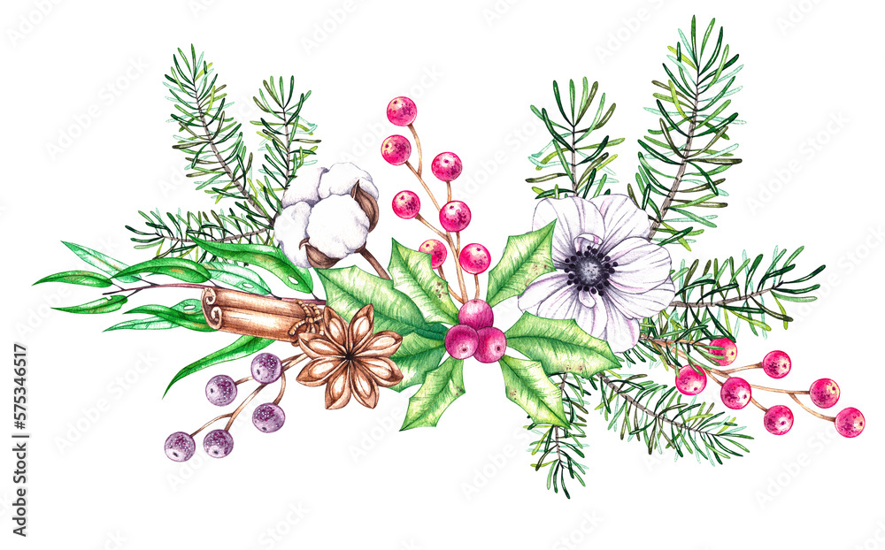 Watercolor Christmas botanical composition of cotton flowers, pine needles, anemones, cinnamon, star anise
