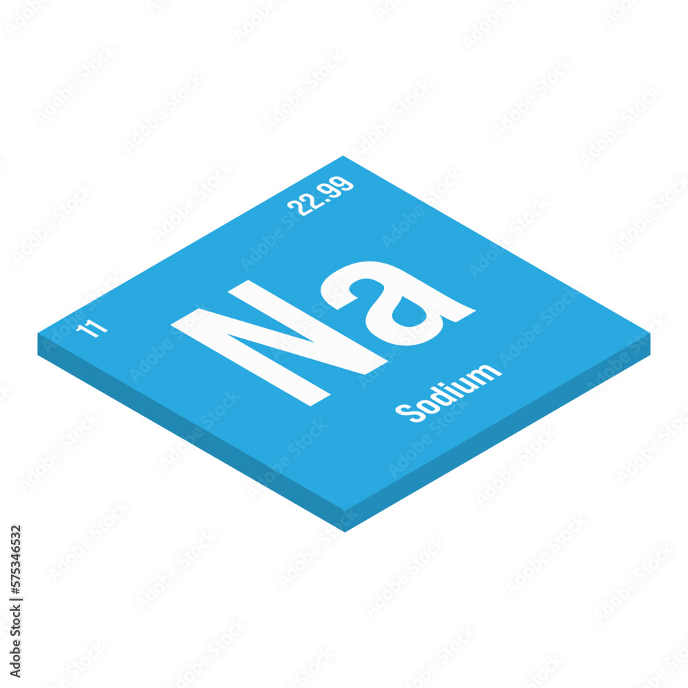 Sodium, Na, periodic table element with name, symbol, atomic number and weight. Alkali metal with various industrial uses, such as in soap, certain types of glass, and as a medication for certain Sodium, Na, periodic table element with name, symbol, atomic number and weight. Alkali metal with various industrial uses, such as in soap, certain types of glass, and as a medication for certain