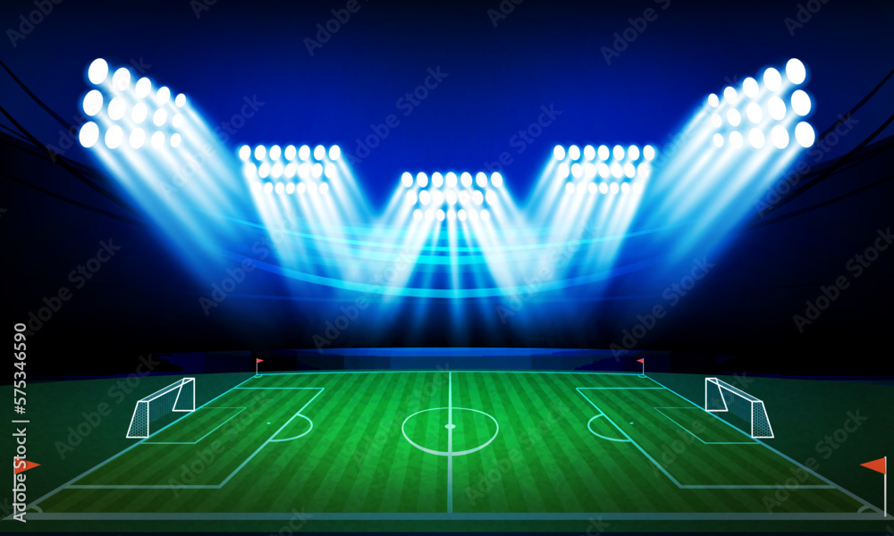 Fototapeta premium Football arena field with bright stadium lights vector design.