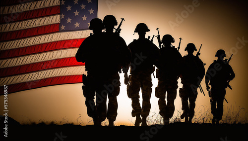 US army soldier silhouettes against the American flag, generative ai