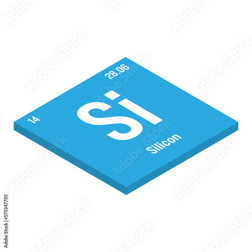 Silicon, Si, periodic table element with name, symbol, atomic number and weight. Non-metal with various industrial uses, such as in electronics, construction, and as a component in certain types of