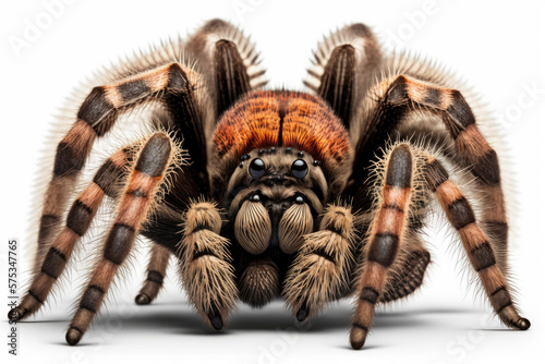A closeup of a Mexican Red-knee Tarantula (Brachypelma smithi) isolated on a white background. Generative AI