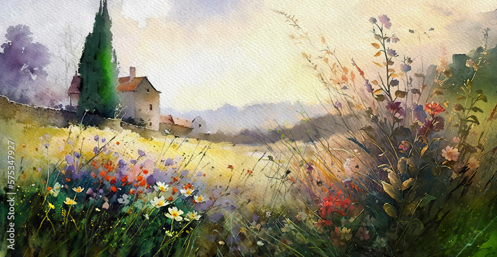 Old house in the woods, watercolor painting of a landscape in the morning, landscape with flowers and grass