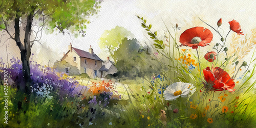 Old house in the woods, watercolor painting of a landscape in the morning, landscape with flowers and grass