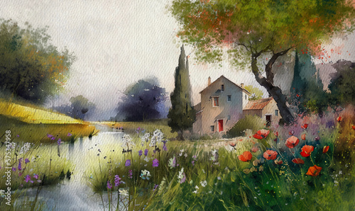 Old house in the woods, watercolor painting of a landscape in the morning, landscape with flowers and grass