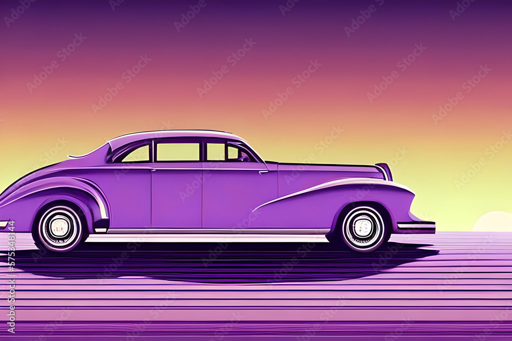 Retro design with sports car and sunset view. Night city silhouette backgground. AI generated illustration