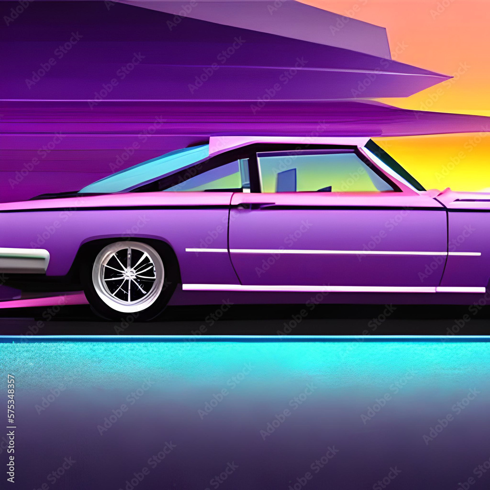 Retro design with sports car and sunset view. Night city silhouette backgground. AI generated illustration
