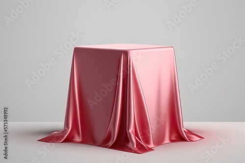 Presentation pedestal podium covered with pink silk cloth on pink background.