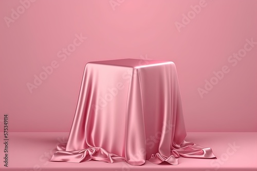 Presentation pedestal podium covered with pink silk cloth on pink background.