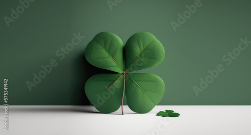 Four-leaf green clover, symbol of good luck, St. Patrick's Day idea, isolated on green wall. Creative symbol of lucky day. 3d render illustration. Generative AI art.